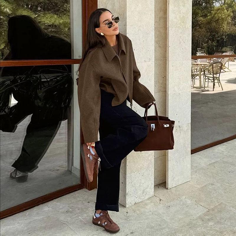 Dámská polokošilová bunda Jednobarevná Flip Límec Zip Dlouhé rukávy Krátká bunda Elegantní Retro Kabát Dojíždění Běžné Oyerwear Jaro Podzim