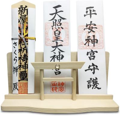 [Sakura Zen] Shinto Altar, Crystal, Large Torii Gate, Three Shrines, White Pine, Wall-Mounted, with Talisman Stand, Modern Shelf, Shinto Ritual Object