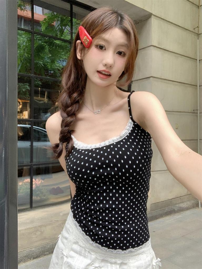 Summer Korean Style Polka Dot Lace Splice Cotton Camisole Top
