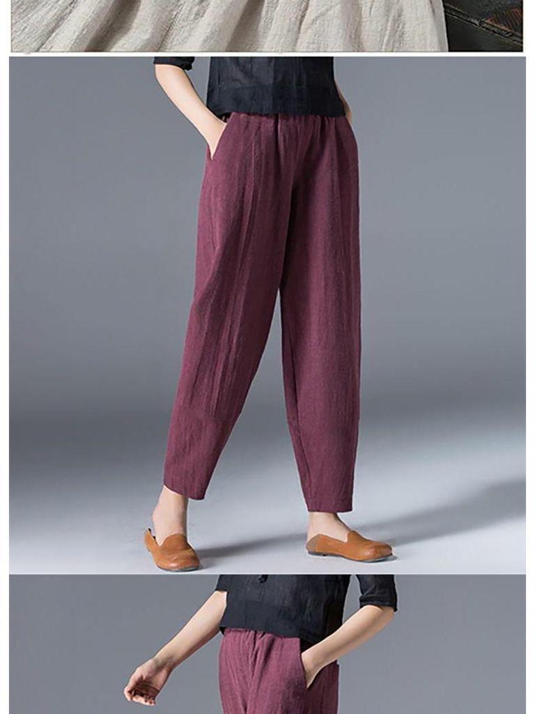 Damen Frühlings-Baumwoll-Leinen High Waist Schlankmachende Haremshose - Locker, Vielseitig, Große Größen Cropped Karottenstil