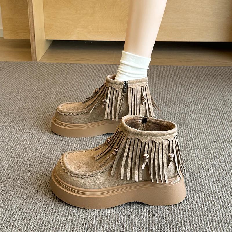 

Модные одинарные ботинки Женская мода Круглый носок Замша Кисточка Боковая молния Платформа Нескользящие ботильоны 40 хаки