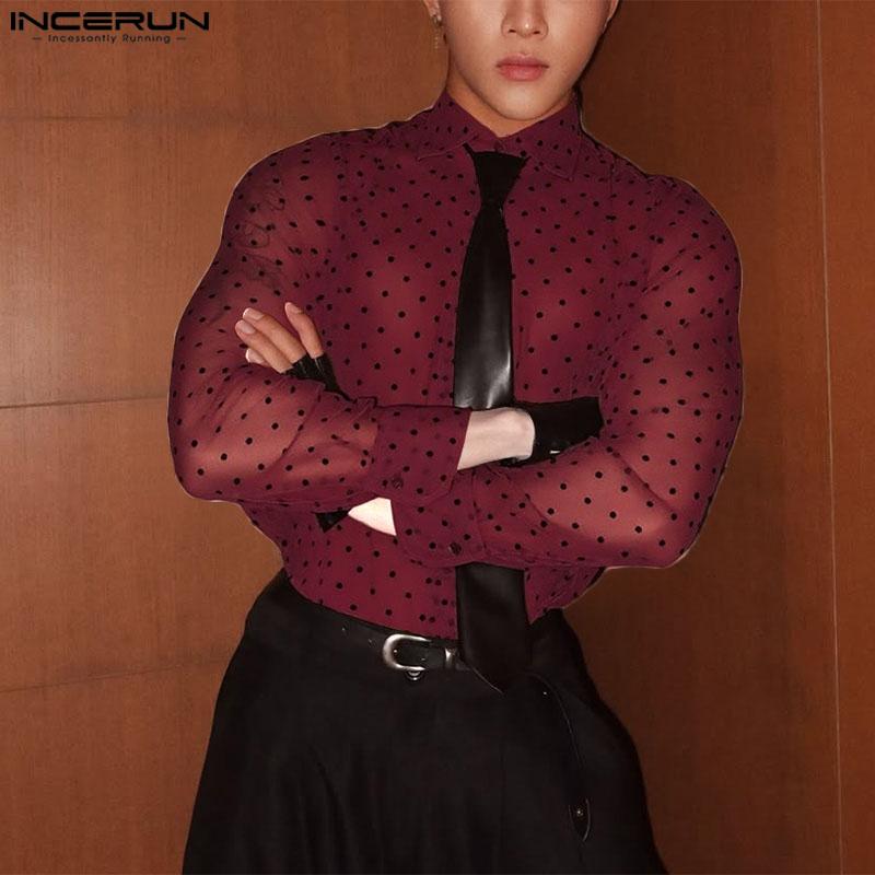 INCERUN Men Lapel Neck Long Sleeve Mesh Sheer Polka Dots Shirts