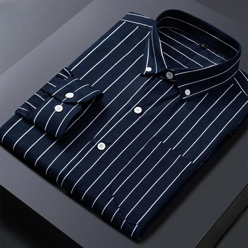 Men's Striped Shirts Formale Casual Printed Plaid Shirt Long Sleeve Slim Fit Botton Down Male Office Business Dress Shirt M-5XL
