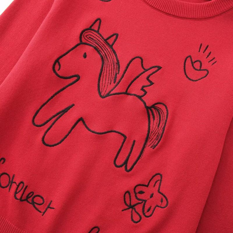 Womens 2026 Crew Neck Knit Top With Cute Pony Embroidery Versatile Casual Sweater