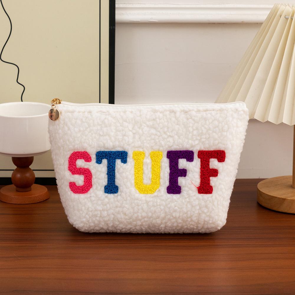 

Casual Women s Plush Storage Bags Embroidered Letters Makeup Case Ladies Cosmetic Bag Toiletry Travel Female Coin Purse Handbags бежевый