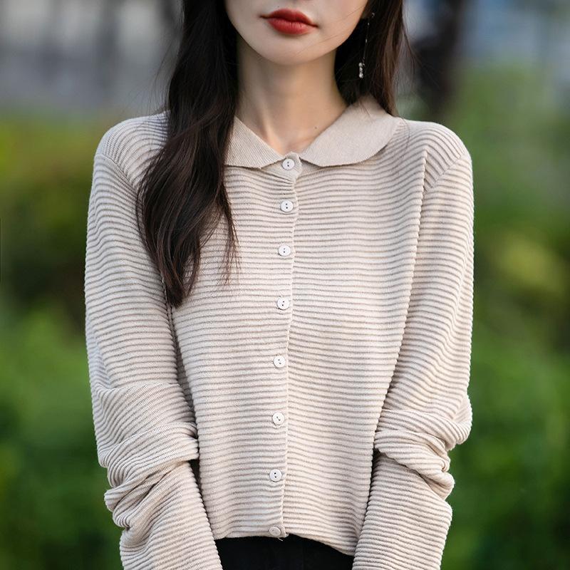 Autumn Women's Cardigan Doll Collar Knit Long Sleeve Loose Solid Colour Sweater Top