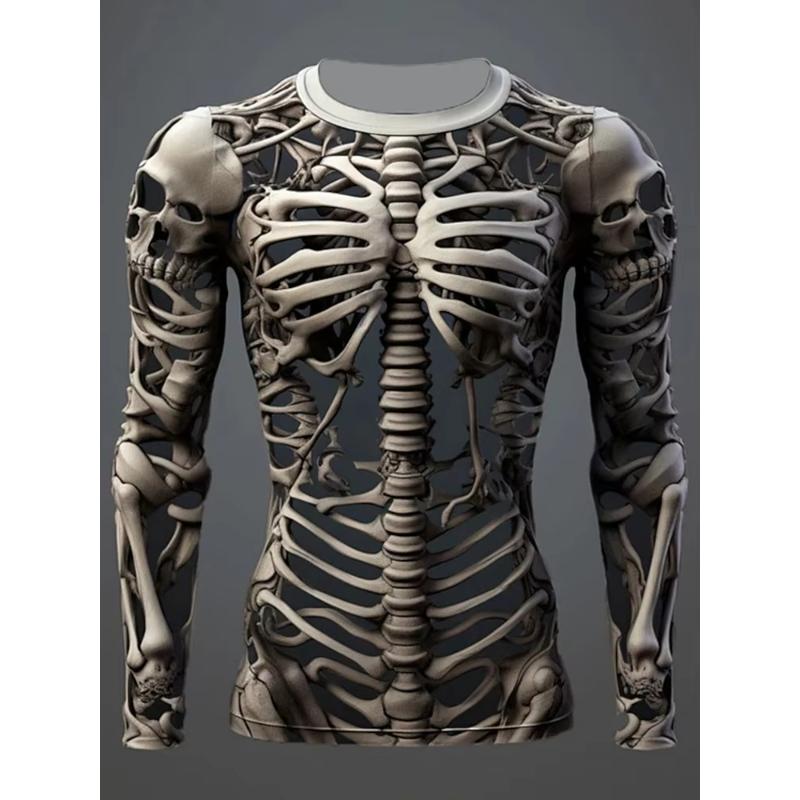 Halloween Mens Metallic Skeleton 3D Printed Tshirt Men Women Fashion O-Neck Long Sleeve T-shirt Exaggerated Casual Tops Tees New