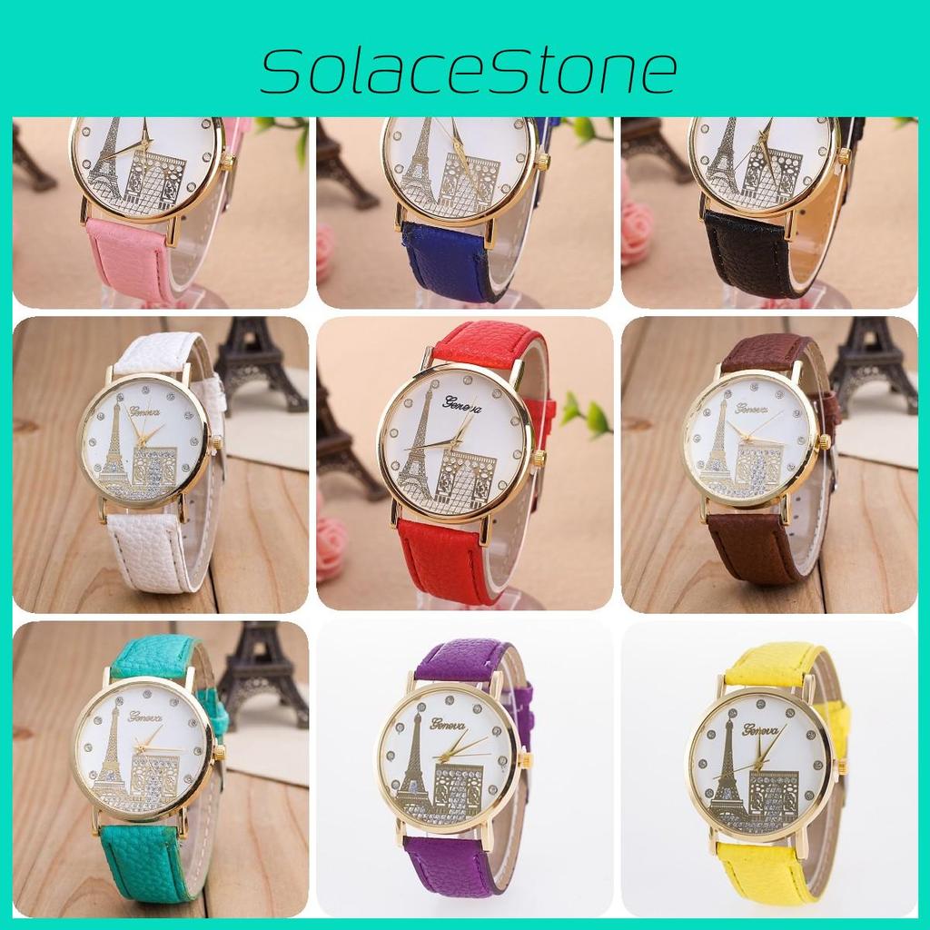 Elegant European Style Geneva Eiffel Tower Water Crystal Quartz Watch With Pu Strap