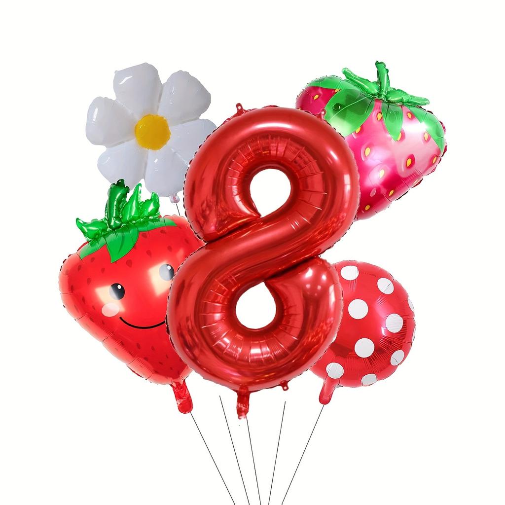 5 Strawberry Berry Birthday Balloon Set -32 Inch Red Numbers (0-9) and Fruit Shape, Aluminum Foil Balloons, Suitable for Spring/summer/autumn