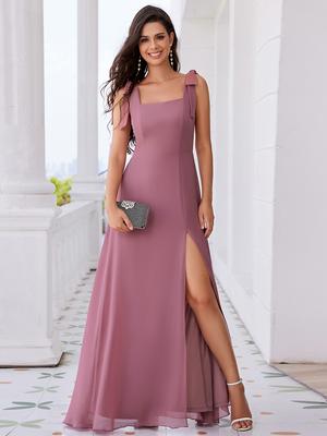Ever-Pretty Women's Elegant Bowknot Binding Square Neckline Chiffon Wedding Guest Dress A-Line Side Slit Bridesmaids Dress