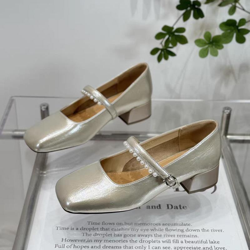 

Fashion casual French pearl with flat Mary Jane shoes women s 2025 summer wear versatile thick heel single shoes 40