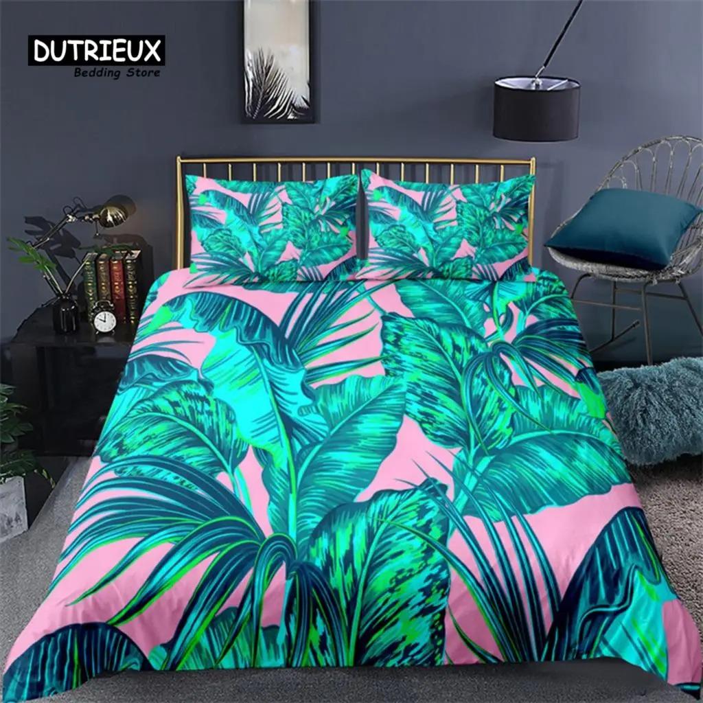 Soft Palm Leaves Comforter Cover Microfiber Tropical Botanical Leaves Bedding Set Double Monstera Leaf Floral Print Duvet Cover