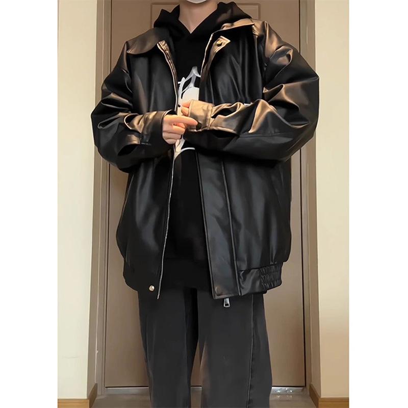 Men's High-End Black Leather Motorcycle Jacket, Perfect for Spring & Autumn, Handsome Loose-Fit Short Baseball Style.