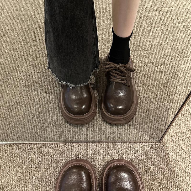 Dicke Sohle Kleine Lederschuhe für Damen, Vielseitige Runde Zehenpartie mit Schnürung, Dicker Absatz, Slipper, Einzelne Schuhe