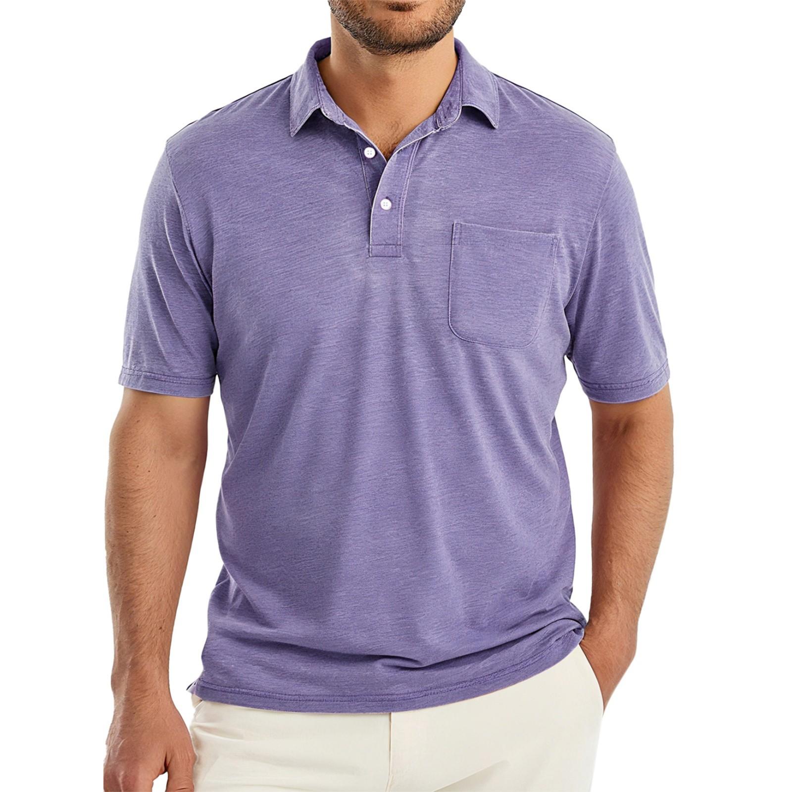 

Men s Summer Solid Color Button Pocket Lapel Loose Short Sleeve Top XL фіолетовий