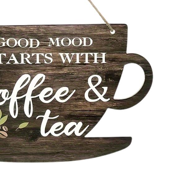 Wooden Coffee Cup Hanging Sign Good Mood Starts with Coffee Tea Door Plaque Kitchen Cafe Coffee Corner Wall Hanging Decoration Ornament