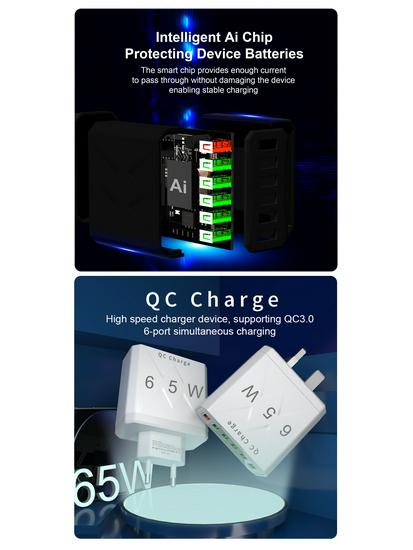 65W QC3.0 6-Port USB Fast Charger for Mobile Phones - US/EU/UK Standard