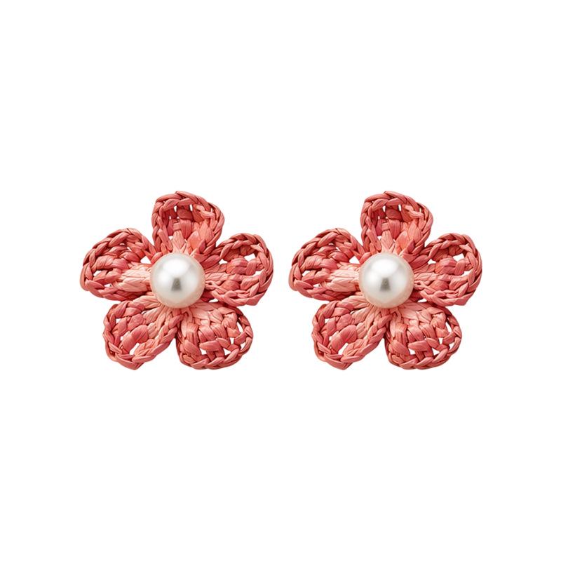 Pearl Knit Raffia Flower Stud Earrings: European Vacation Style