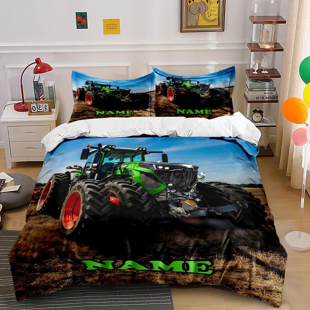 Name Customized Tractor Printed 3PC Quilt Cover Pillowcase Bedding Set Children Adult Comfortable Bedding Set Luxury Gift
