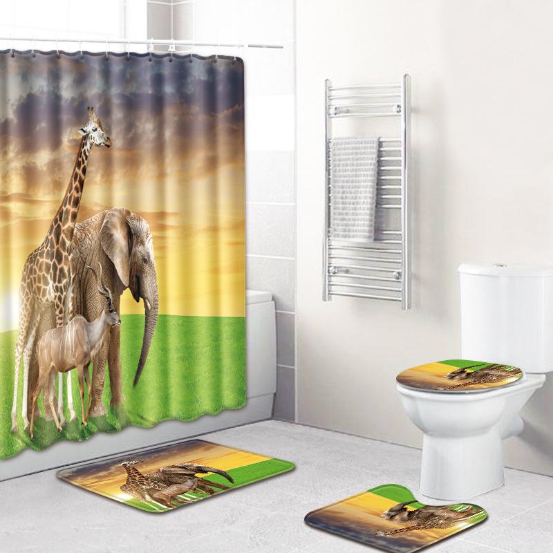Elephant Lion Animal Shower Curtain Floor Mat Combination Set Toilet Carpet Shower Room Mat Foot Mat