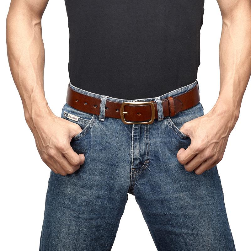 Retro Genuine Leather First Layer Cowhide Men'S Belt Pure Copper Buckle Pin Buckle Handmade Old Middle-Aged And Young Versatile Belt