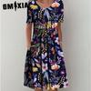 GMXIA 30 Color Pleated Midi Dress Short Sleeve Round Neck Loose Hem Mid-Calf Length Women Floral A-Line Party Dress Casual Wear