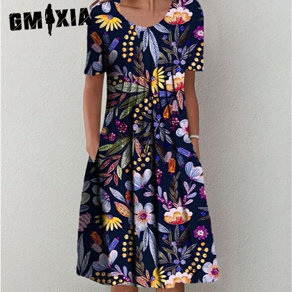 GMXIA 30 Color Pleated Midi Dress Short Sleeve Round Neck Loose Hem Mid-Calf Length Women Floral A-Line Party Dress Casual Wear