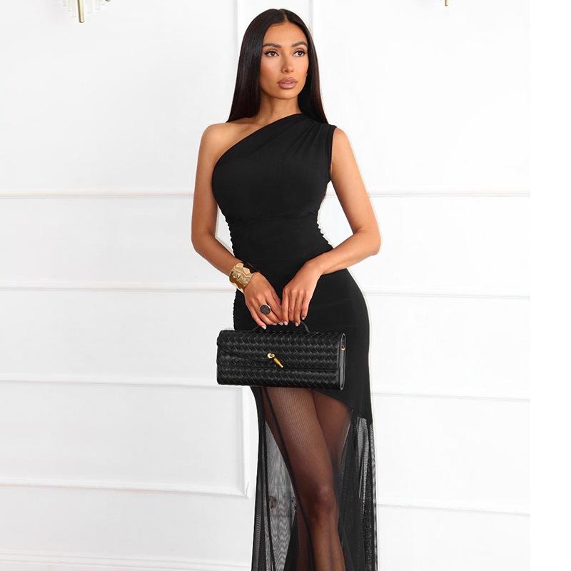 Off Shoulder See Through Dress Solid High Waist Patchwork Backless Slim Long Dress Women Vacation Party Evening Dresses