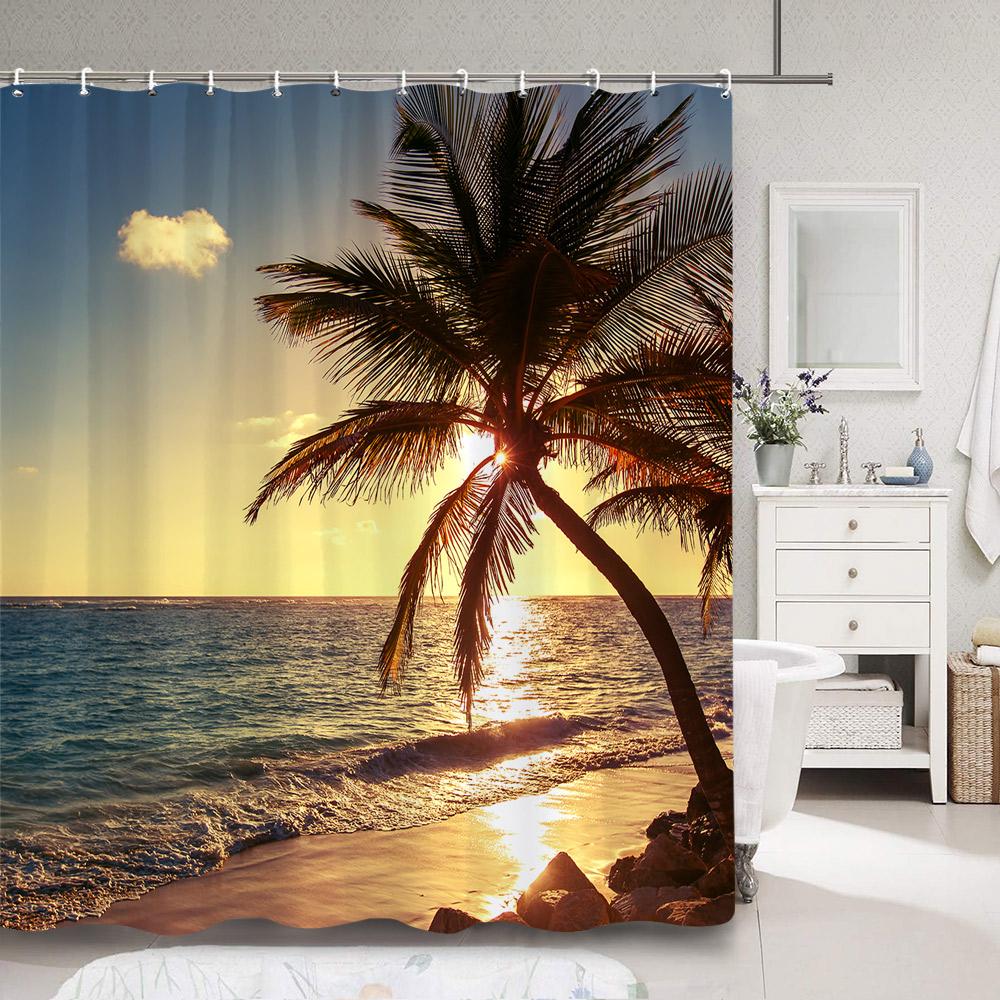 

Blue Ocean Seaside Scenic Shower Curtain Popular Tropical Outdoor Beach Polyester Fabric Bath Curtains Bathroom Decor With Hooks W60H190(CM)-1 Pcs