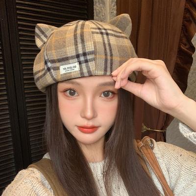 Painter Hat Literary Retro Plaid Beret Autumn and Winter Hat Women's Cat Ear Fashion Versatile Octagonal Hat