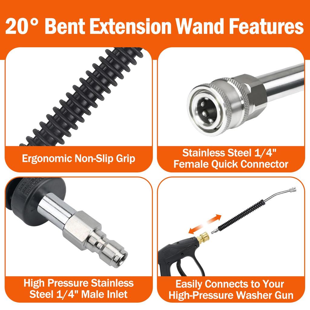 Car Pressure Washer Extension Wand, 20in Power Washer Wand Extension for Car Wash, Stainless Steel Non-Slip Grip, with 1/4” Quick Connect Plug