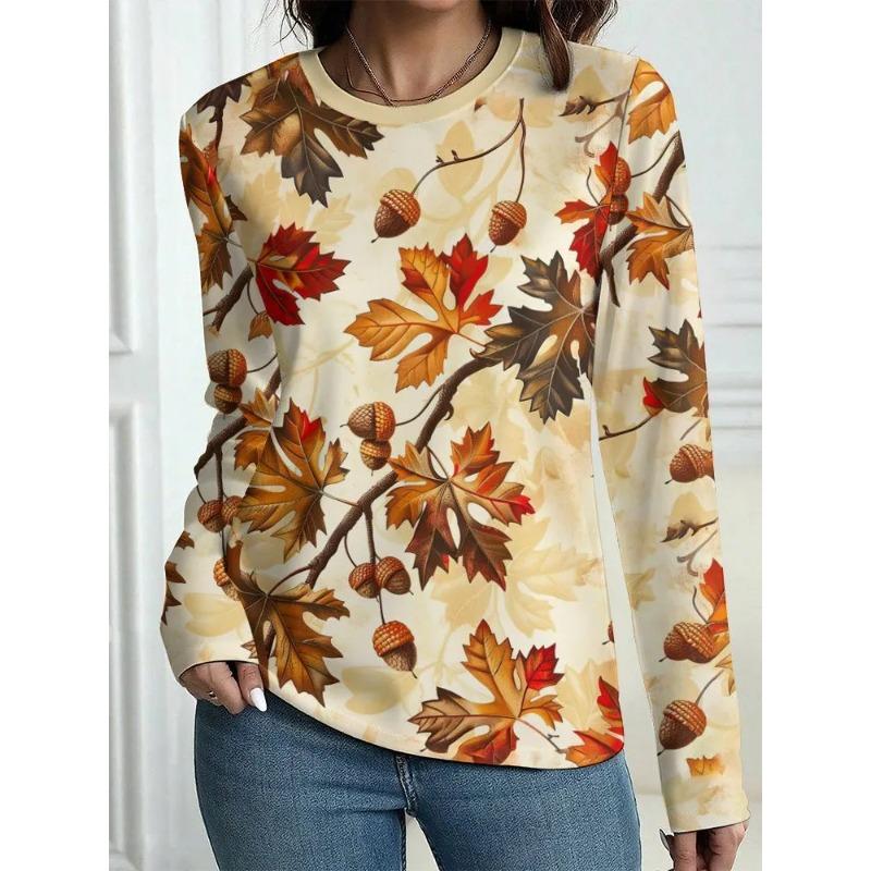 Women's Autumn and Winter 3D Printed Crew Neck Long Sleeve T-Shirt Fashion Versatile Trend Breathable Casual
