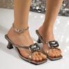 Fashion Luxury Big Crystal Cross Strap Slip On Sandals Women 2025 Summer Sexy Square Toe Low Heel Slides Fashion Dress Beach Slippers