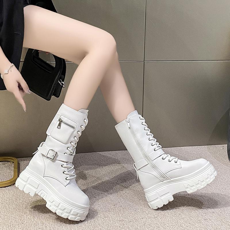 Fashion 9CM Autumn Warm Ankle Boots for Women Leather Short Boots Round Toe High Platform Fur Motorcycle Boots Thick Heel Sneakers Shoe