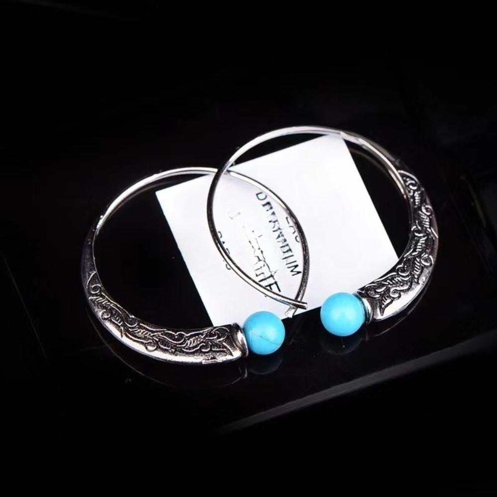 Vintage Silver Turquoise Earrings Punk Style Ear Hook for Women Retro Boho Jewelry
