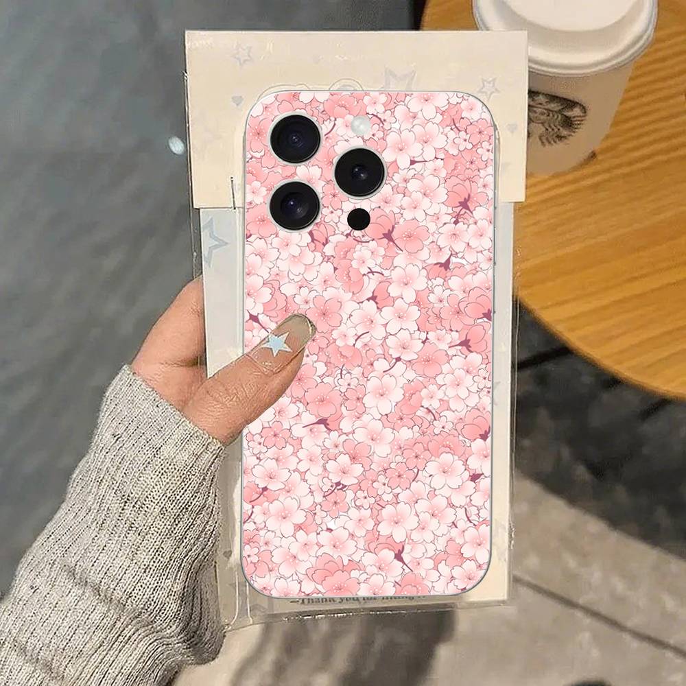 Pink Sakura Phone Case For IPhone 17 16 15 14 Plus 13 12 11 Pro Max Phone Back Cover Transparent Shockproof Cover