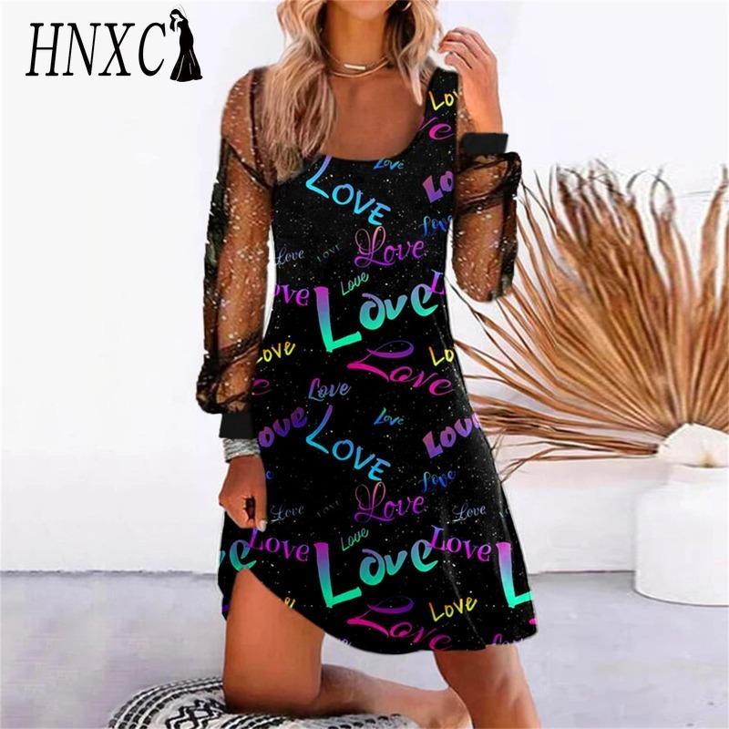 HNXC Robes décontractées à manches longues et col en U pour femmes, couleur unie, imprimé, taille haute, mode printemps-automne