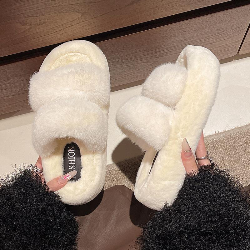 Thick-bottomed High-end Fluffy Slippers for Women's Outer Wear 2025 Autumn and Winter New Retro Fashion Fluffy One-word Cotton Slippers