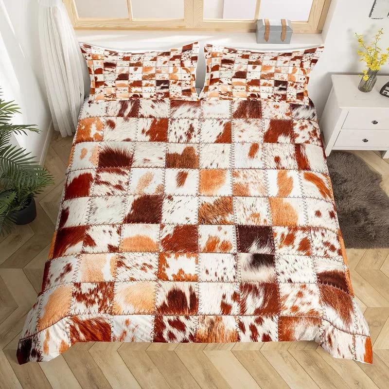 Funda nórdica tamaño king con estampado de animales de granja, de microfibra y piel de vaca. Juego de ropa de cama estilo western con estampado de piel de vaca para niños y niñas.