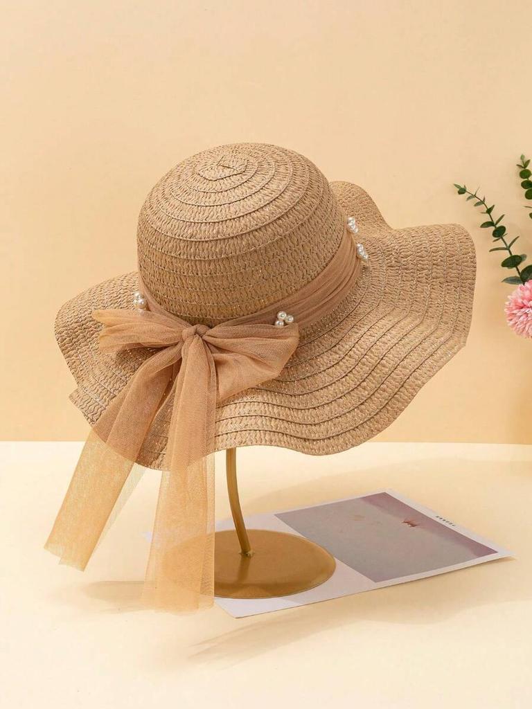 Women Summer White Straw Sun Hat With Polka Dot Bow Beach Travel UV Protection