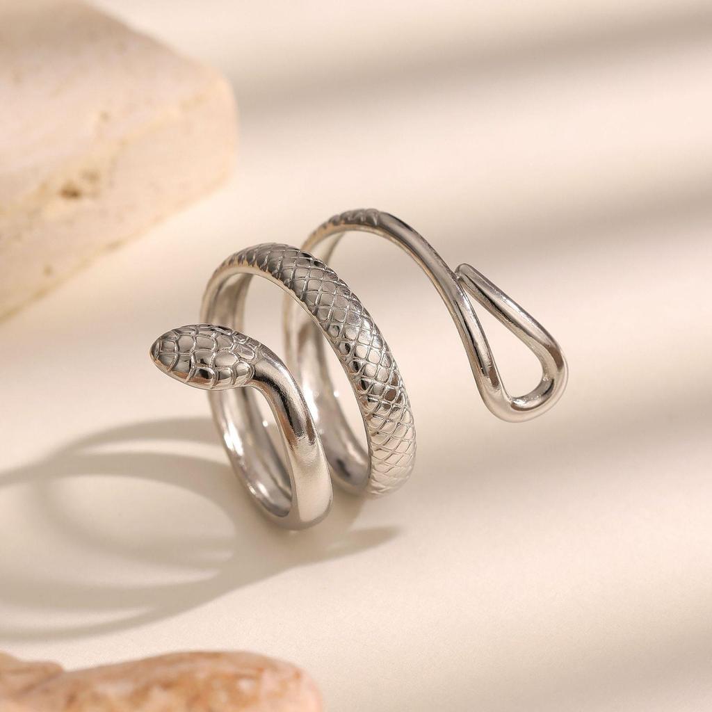 Gold-Plated Snake-Shaped Titanium Steel Adjustable Ring for Women - Retro, Colorfast, European & American Fashion.