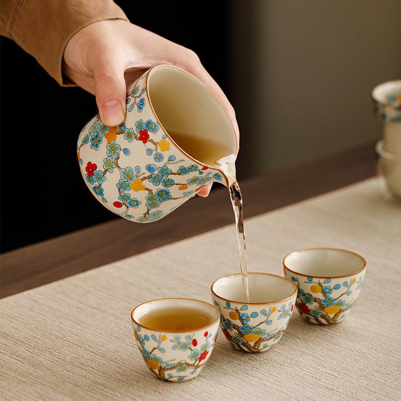 Golden Plum Ru Kiln Portable Tea Set: Quick-Brew Pot with Four Cups for Outdoor Camping and Kung Fu Tea