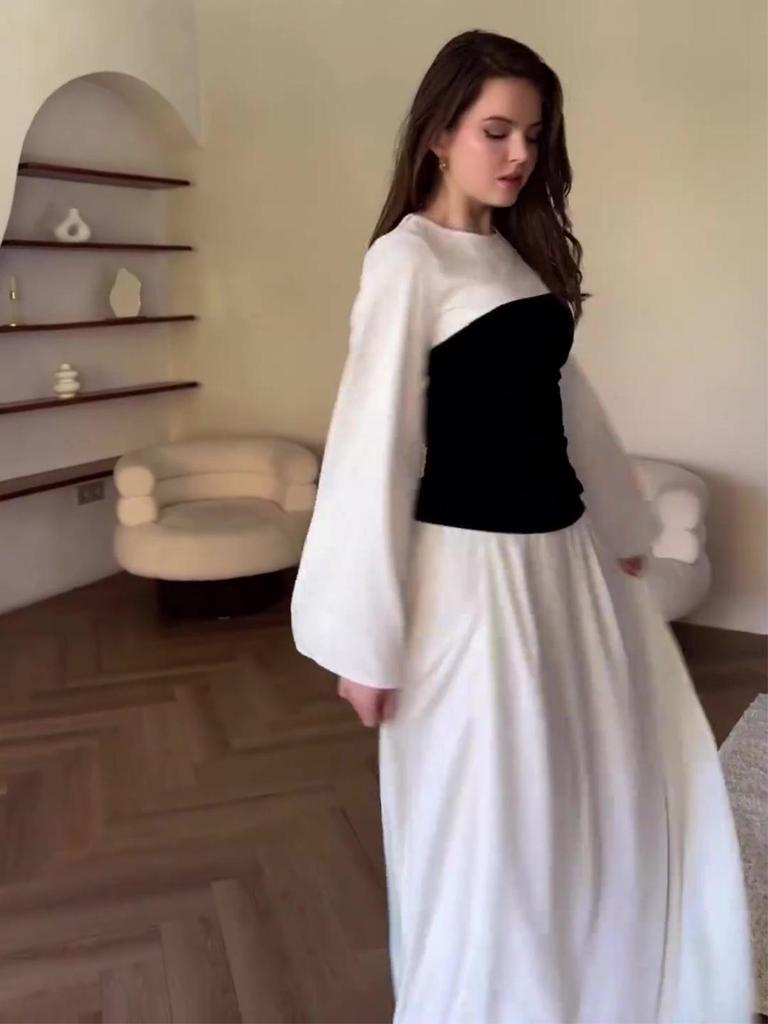 2025 Black & White Patchwork Waist-Cinched Slimming Dress for Women - Autumn Long Skirt