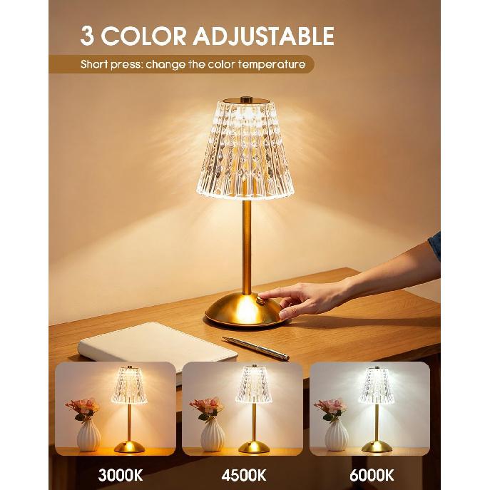 Kabellose Touch-Tischlampe, Klassische Edition Wiederaufladbare Kleine Schreibtischlampe | 3 Farben Dimmbar Goldene Kristalllampe für Schlafzimmer, Restaurant, Küche & Zuhause