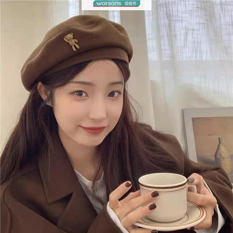 Woolen Beret Woman Shows Face Small Autumn and Winter Baby Bear Retro Cartoon Fashionable Temperament Painter Hat Woman