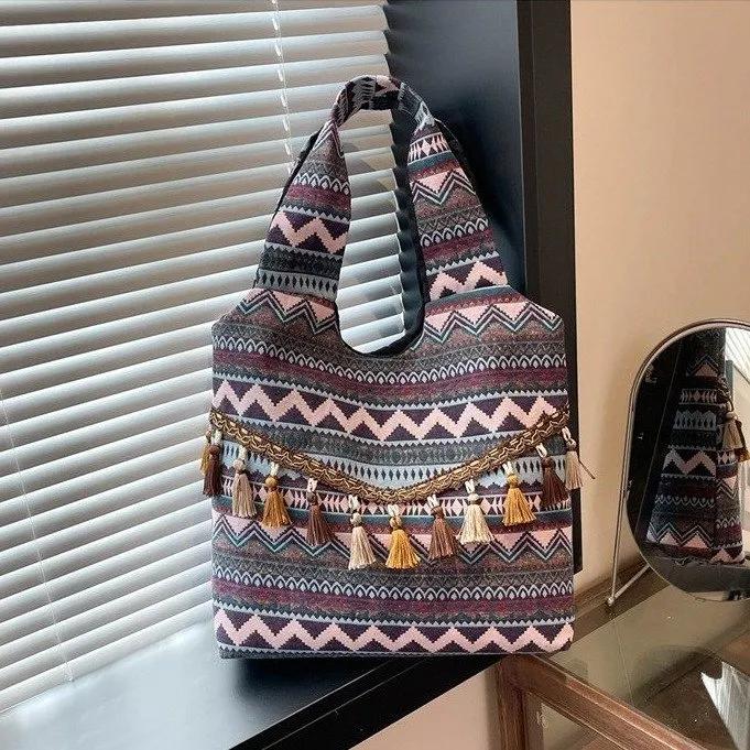 WTEMPO Trendy Women's Casual Versatile Handbags Nylon Ethnic Style Office Ladies Bags with Top Handle Work Meal Bag Lunch Bag