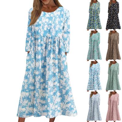 Γυναικείο Casual Φόρεμα Midi με Στρογγυλή Λαιμόκοψη, Floral Εκτύπωση, Μακριά Μανίκια, Τσέπες