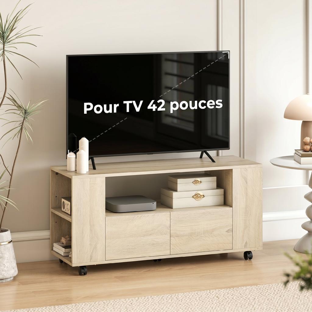 Rolling TV Stand 102 Cm TV Cabinet For TVs Up To 42 Inches 2 Drawers Open Compartments Natural
