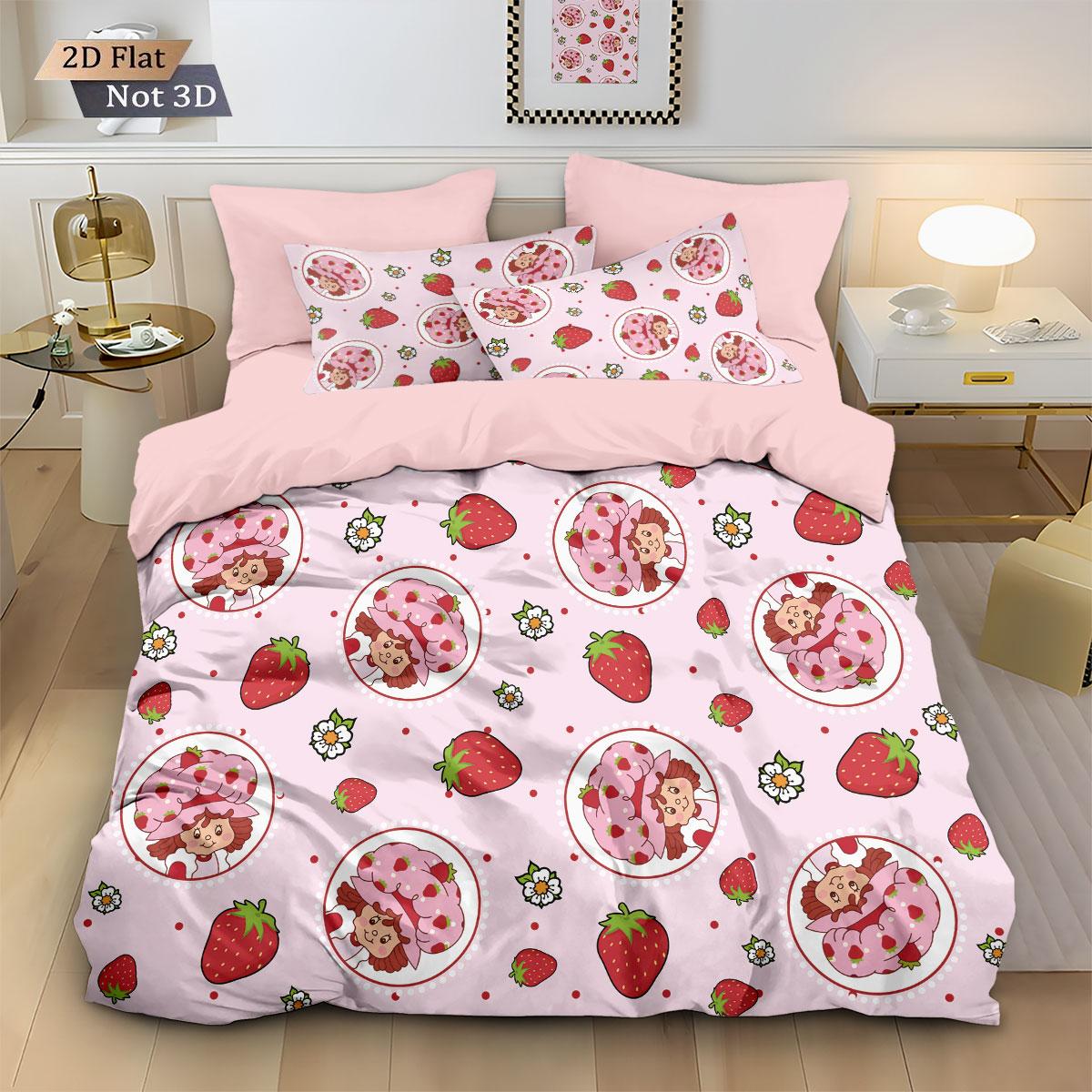 

3pcs Pink Strawberry Girl Printed Down Duvet Cover Set, Multi Size Bedroom Bedding Decoration, Machine Washable 135x200cm