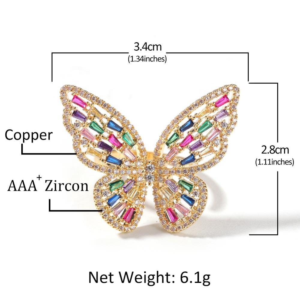 Hip Hop Pink Butterfly Ring Cubic Zirconia Gold Plating Baguette CZ Toe Finger Ring Women Rapper Bling Bling Jewelry